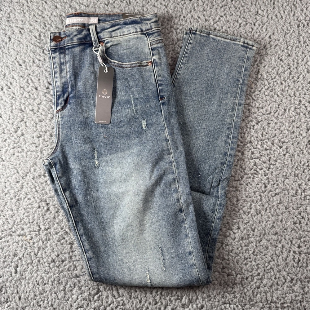 Tractr Diane Mid Rise Distressed Indigo Medium Blue Stretch Jean Sz 6/28‎ NWT